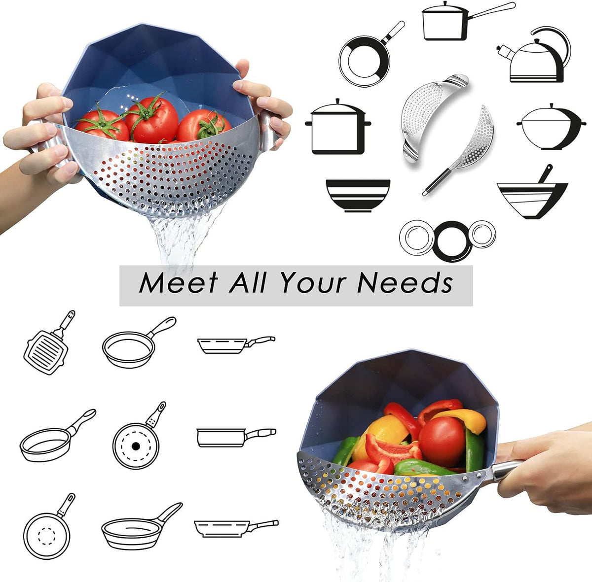 2-Piece Stainless Steel Kitchen Pot Strainer Double Handles