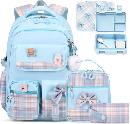 ACESAK Backpack for Girls - Bento Box with Insulated Lunch Bag Pencil Case & Utensils Set for Kids, 4 Leakproof Compartments Removable Tray Lunches or Snack Container for School (Black Purple)