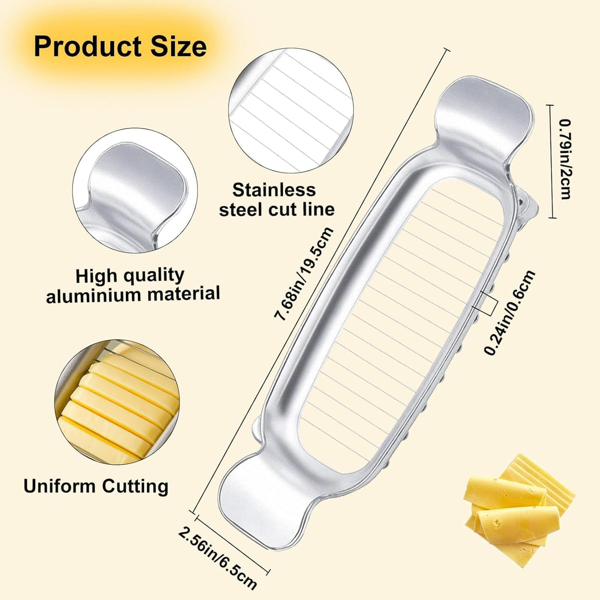 Butter Slicer Cutter & Cheese Cutter–Multi-Use Kitchen Tool for Evenly Slicing Butter Blocks, Cheeses, Eggs & Soft Fruits–Non-Stick，Compact & Portable for Home, BBQ, Camping（)