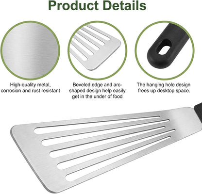 Fish Spatula Stainless Steel Thin Metal Turner Fish Spatula 12.4” Spatulas Flexible Non-Slip Ergonomic Handle Slotted Spatulas for Outdoor Grilling Daily Barbeque Black