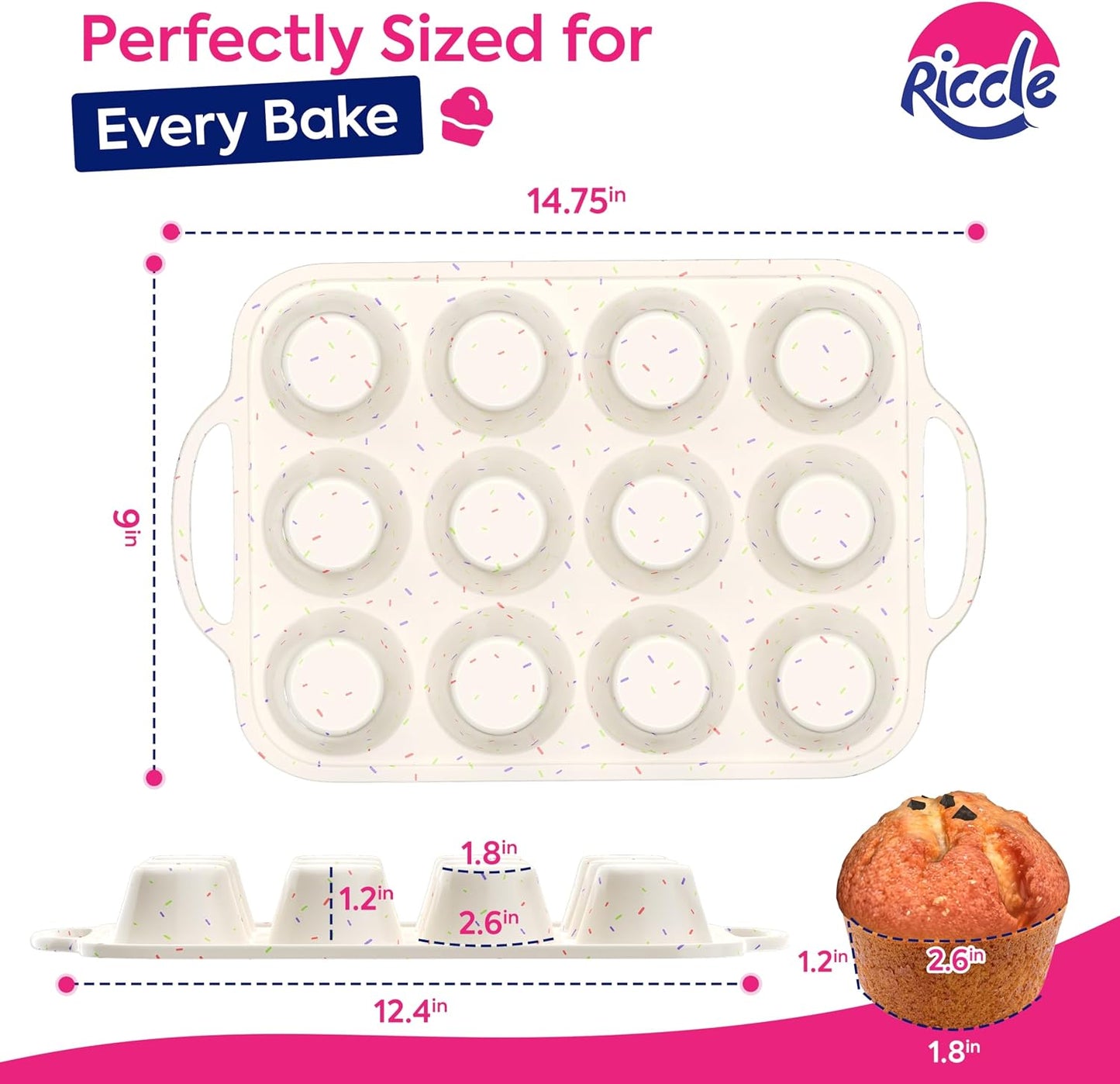 RICCLE 2 Pack Silicone Muffin Pans for Baking with Metal Reinforced Frame - Regular 12 Cup Silicone Muffin Pan & 24 Cup Mini Cupcake Pans - Silicone Cupcake Pan Set - Oven & Dishwasher Safe, BPA-Free