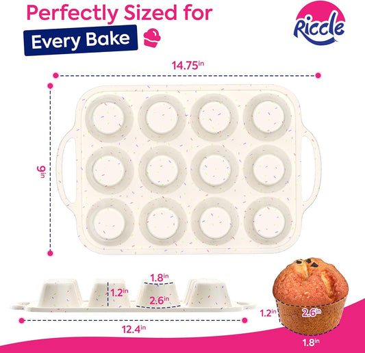 RICCLE 2 Pack Silicone Muffin Pans for Baking with Metal Reinforced Frame - Regular 12 Cup Silicone Muffin Pan & 24 Cup Mini Cupcake Pans - Silicone Cupcake Pan Set - Oven & Dishwasher Safe, BPA-Free