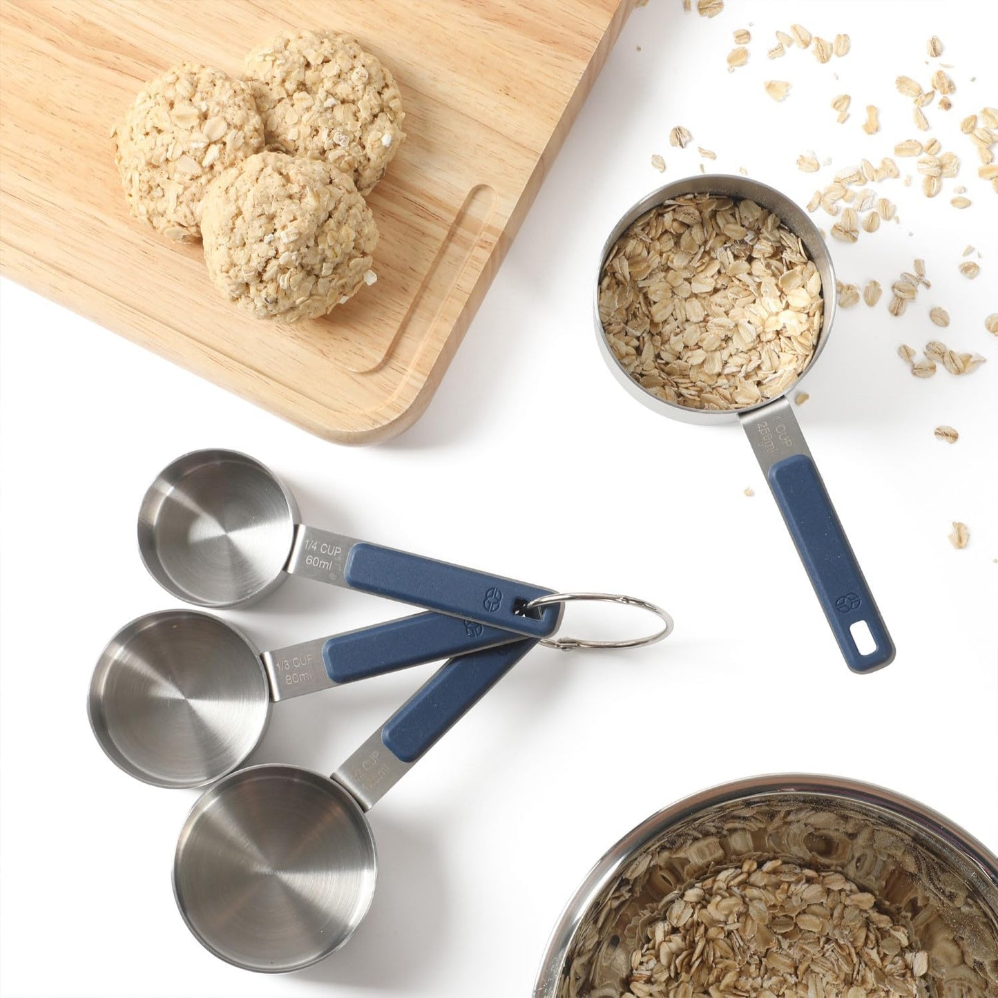 Calphalon Prime Measuring Cups, Kitchen Measurement Cup, 4-Piece Stainless Steel Kitchen Measuring Cup with Navy Silicone Handle Accurate, Durable for Dry and Liquid Ingredients