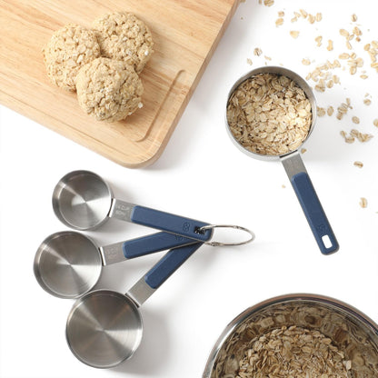 Calphalon Prime Measuring Cups, Kitchen Measurement Cup, 4-Piece Stainless Steel Kitchen Measuring Cup with Navy Silicone Handle Accurate, Durable for Dry and Liquid Ingredients
