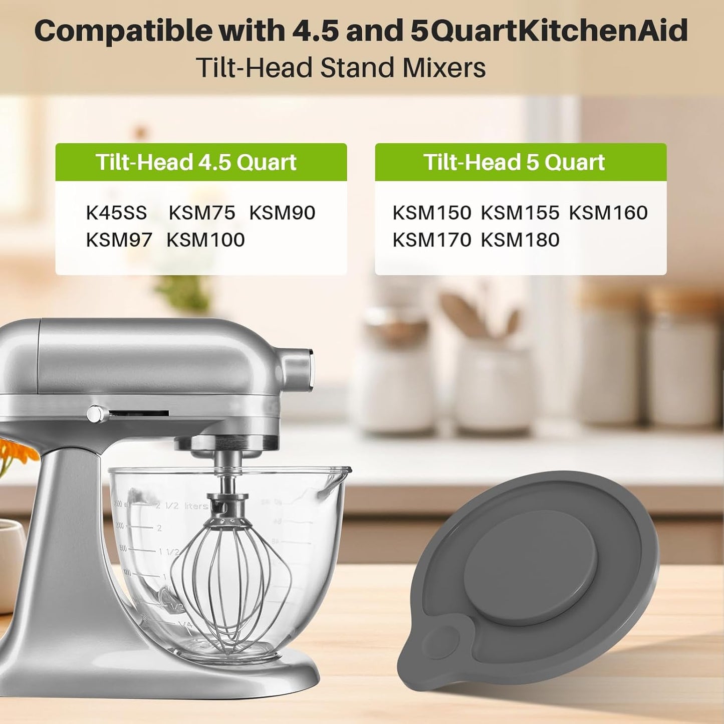 Glass Mixing Bowl 5QT Compatible with KitchenAid 4.5 & 5-Quart Tilt-Head Stand Mixers – Includes Spout Cover, Measurement Markings & Lid – (Dishwasher, Microwave & Freezer Safe)