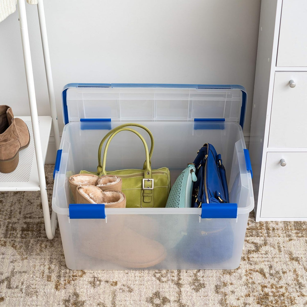 IRIS USA WeatherPro 16 Qt Storage Bins with Lids, 3 Pack, BPA-Free Plastic Gasket Box with Tight Latch and Seal, Stackable Nestable Tote Tub - Clear/Blue