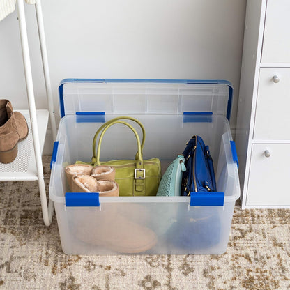 IRIS USA WeatherPro 16 Qt Storage Bins with Lids, 3 Pack, BPA-Free Plastic Gasket Box with Tight Latch and Seal, Stackable Nestable Tote Tub - Clear/Blue