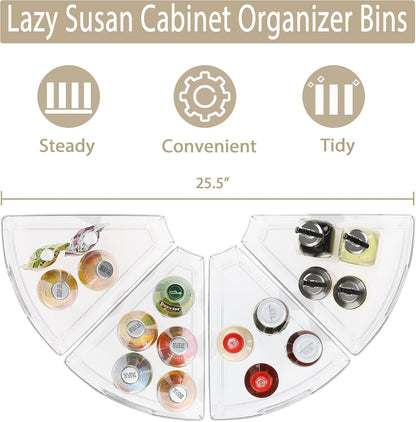 URALFA Lazy Susan Organizer, 1/8 Wedge Corner Cabinet Bins, Set of 4 | 10"x9.5"x4" Clear Plastic Bins with Handle, BPA-Free Food Safe, Fits 26"/28"/32" Lazy Susan, 4" Deep Storage