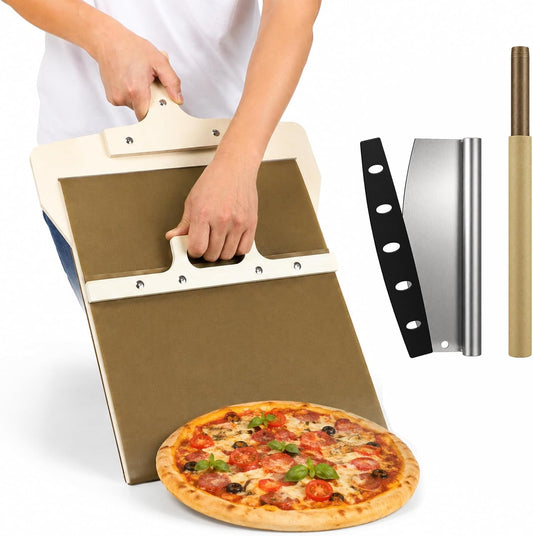 Sliding Pizza Peel, 21.7 x 13.8 in Wooden Slider Board with 13.8 in Pizza Rocker Cutter, Replacement Cloth & Ergonomic Handles, Non-Stick Slider Paddle for Easy Transfer