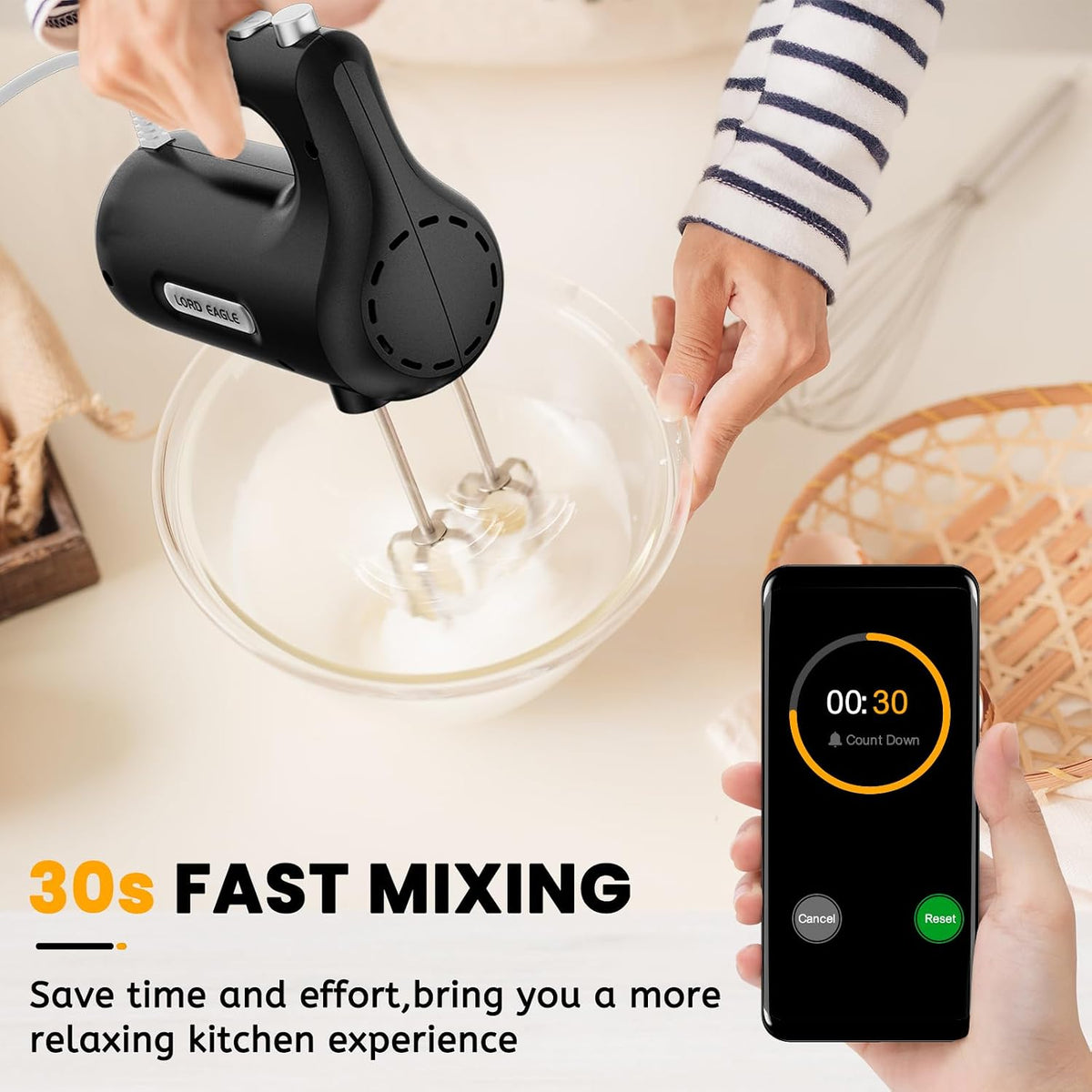 5-Speed Small Hand Mixer Electric, 300W Compact Portable, Black