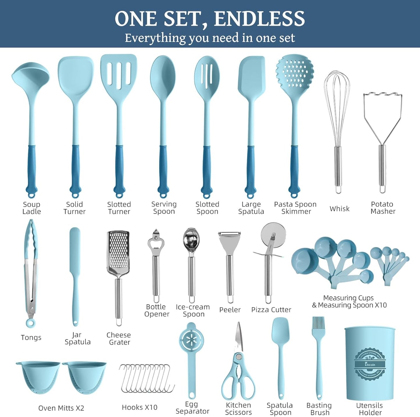 Kikcoin 43Pcs Large Kitchen Utensils Set - Silicone Cooking Utensils Set, Dishwasher Safe Spatula Set for Non-stick Cookware, 446°F Heat Resistant Kitchen Utensils Set with Holder BPA Free, Grey