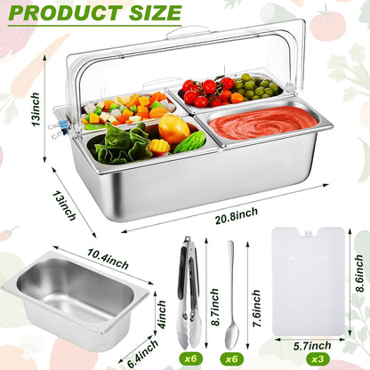 Condiment Tray Stainless Steel Serving Display Set with Lid for Buffet Restaurant Kitchen, Food Chilled Container for Salad Fruit Condiments, Keeps Food Fresh with Ice Box(6 Compartments)