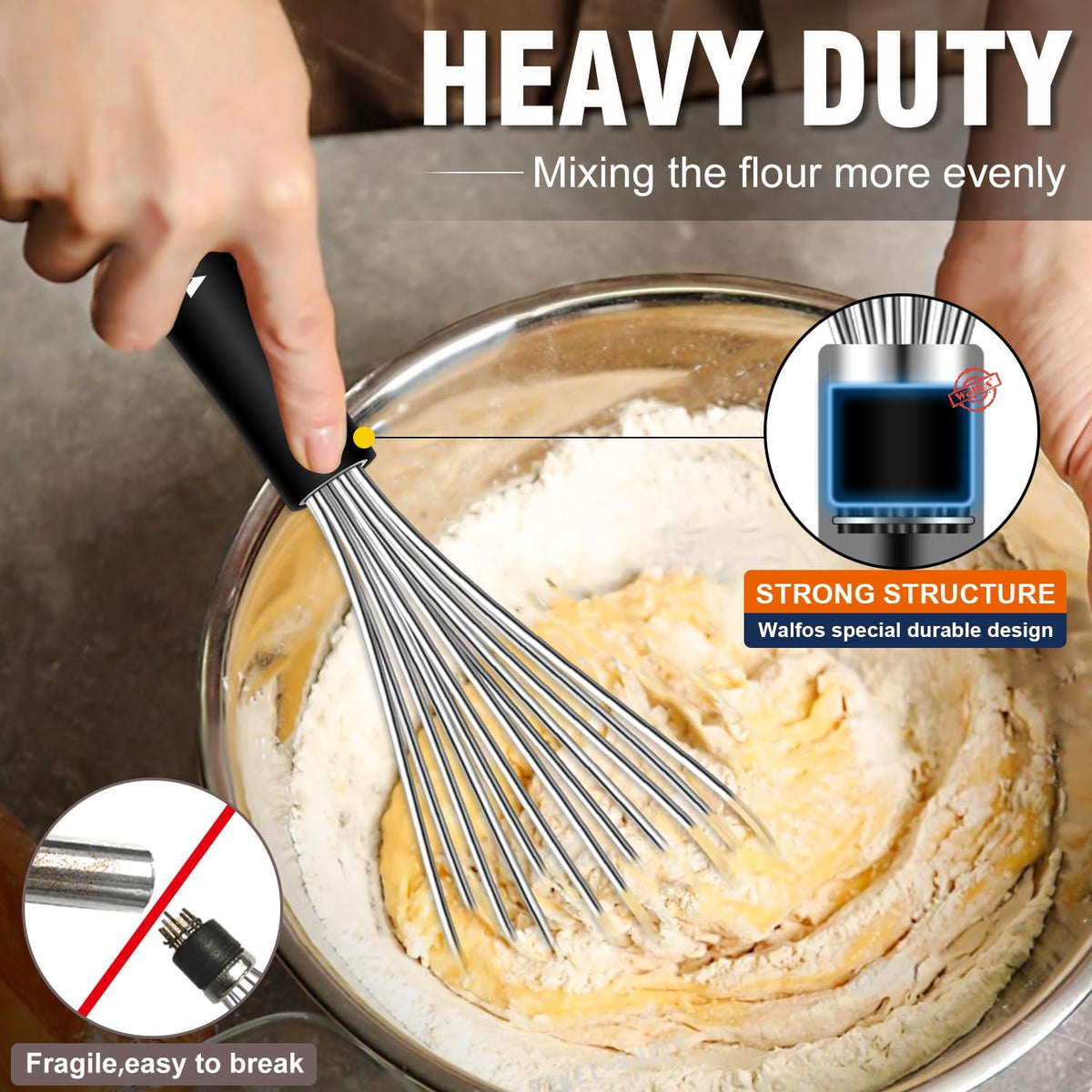 Walfos Whisk,304 Stainless Steel whisk,No-Rust 7+9+11inch Whisks for cooking Nice for Blending,Whisking,Beating.Heat resistant 600°F Dishwasher Safe. Heavy duty kitchen whisk.SILVER