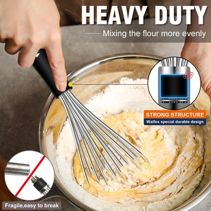 Walfos Whisk,304 Stainless Steel whisk,No-Rust 7+9+11inch Whisks for cooking Nice for Blending,Whisking,Beating.Heat resistant 600°F Dishwasher Safe. Heavy duty kitchen whisk.SILVER