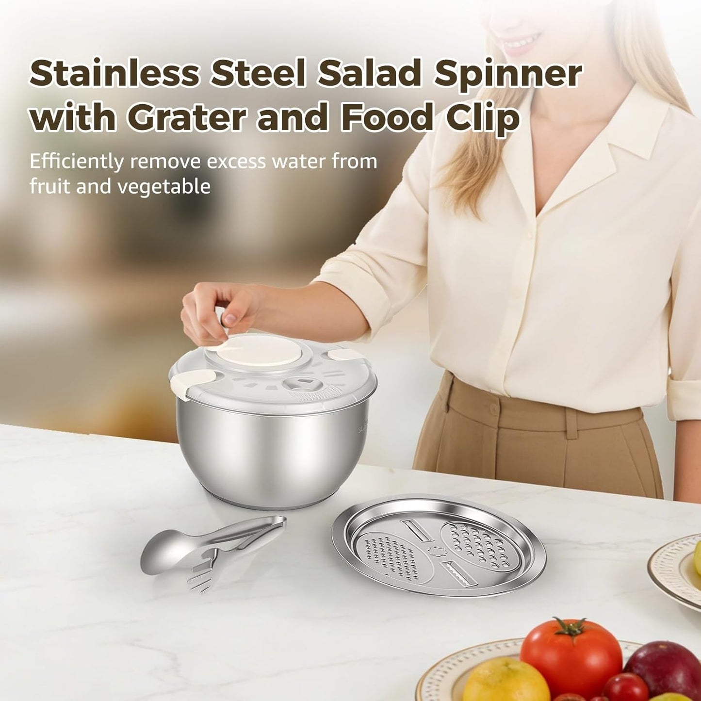 Stainless Steel Salad Spinner Set with Grater and Food Clip, 6L Large Metal Salad Spinner, Fruit Vegetable Dryer with Built-in Drain Spout for Dehydrating Fruit and Vegetable, Pasta (Silver)