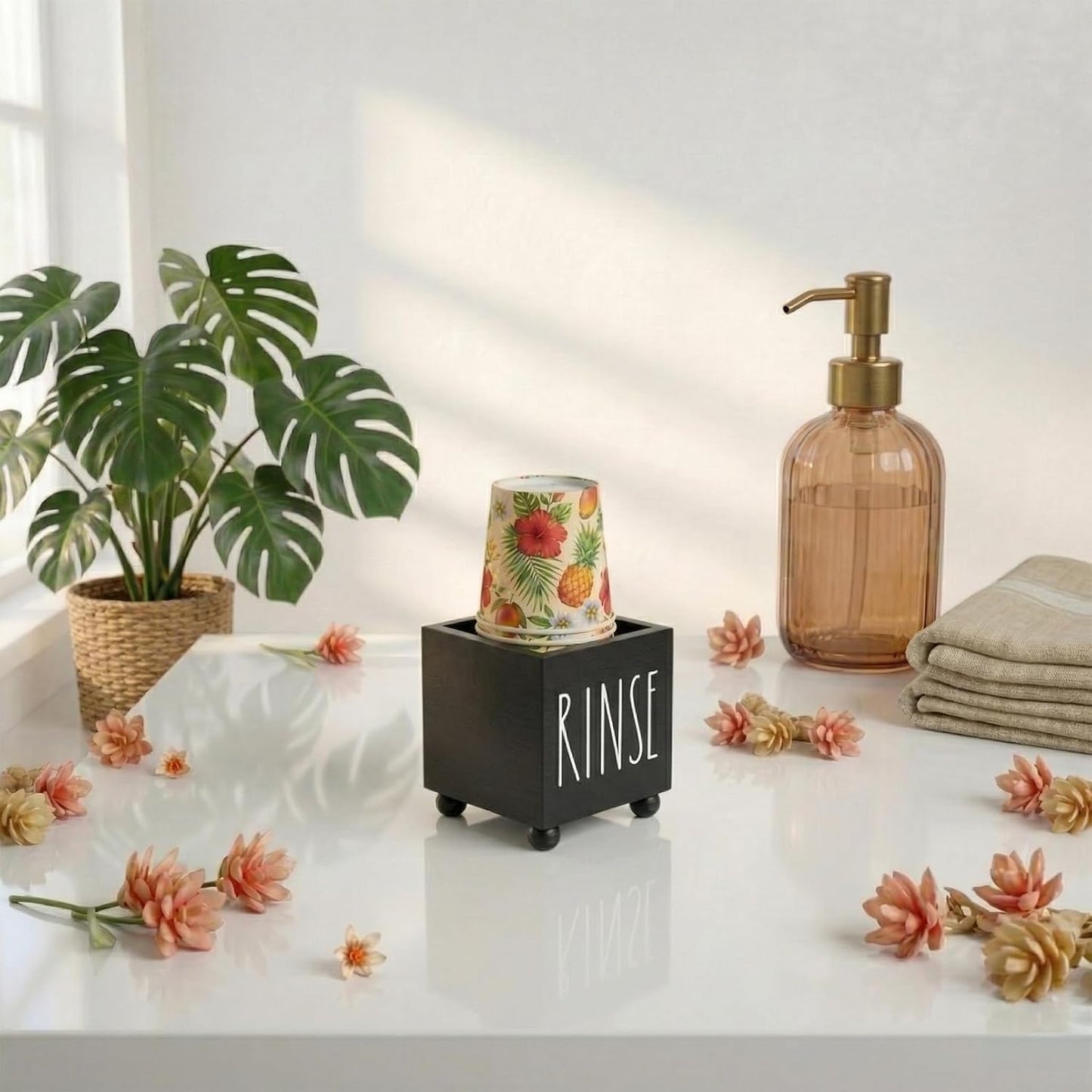 Bathroom Cup Dispenser, Farmhouse Dixie Cup Holder, 3 oz 5 oz Paper Mouthwash Cup Storage Box, Wooden Disposable Cup Caddy, Water Dispenser Cup Holder for Counter top (Black)