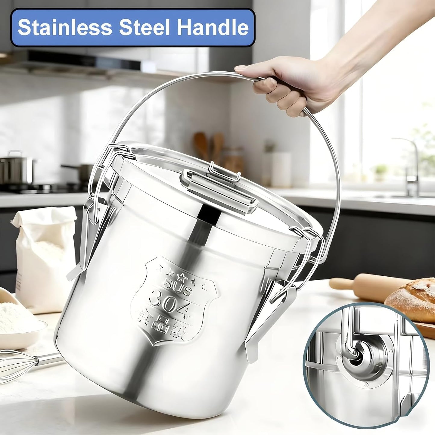 25lb Stainless Steel Containers with Lids, 12L/3.1gal 304 Stainless Steel Storage Containers, Metal Bird Seed Storage Container for Rice Flour Sugar Grain Coffee Bean Kitchen Jar