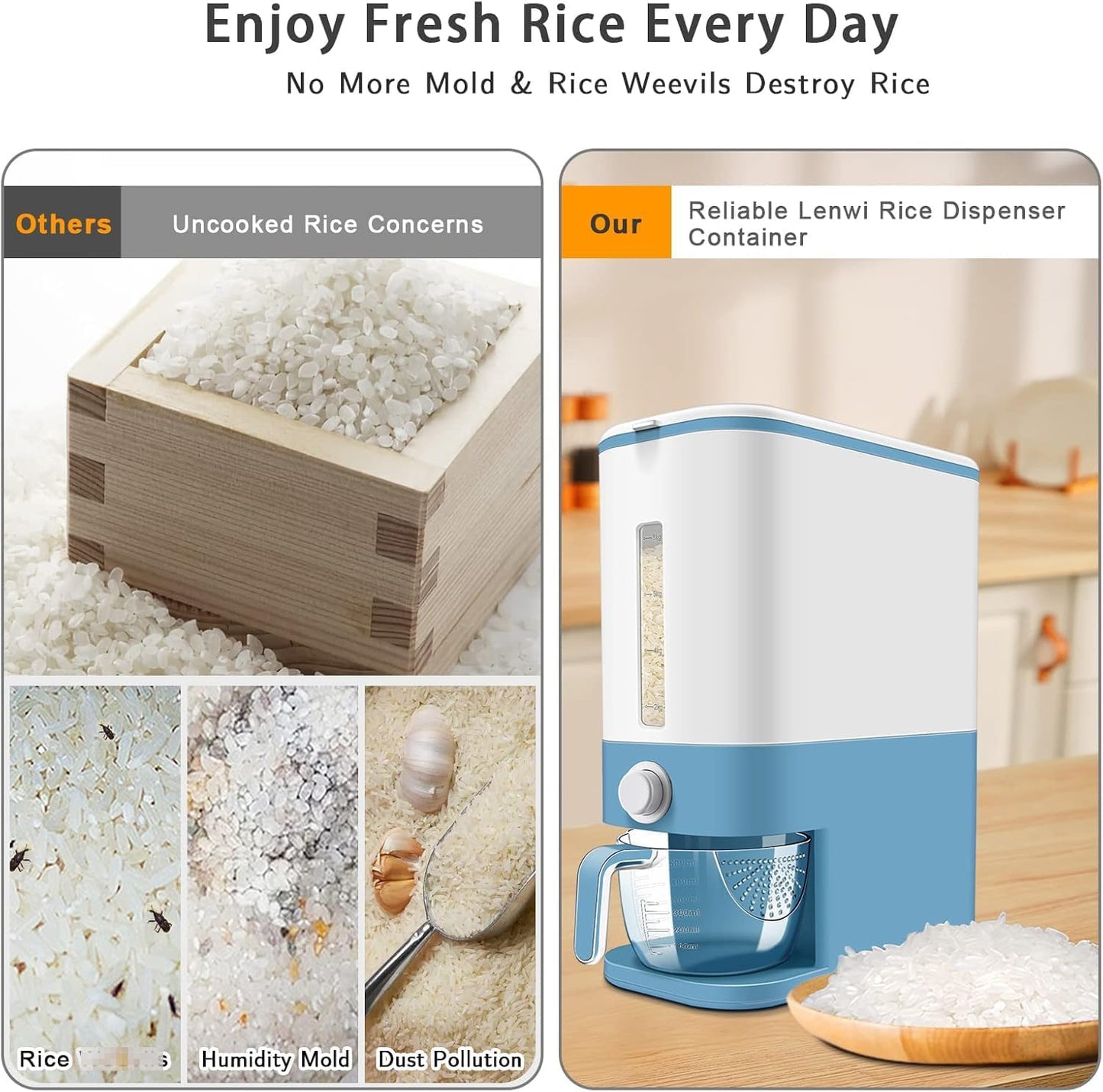 Lenwi 22-25 Lbs Rice Dispenser, Large Cereal Dry Food Storage Containers with Measuring Cup, BPA-Free Household for Kitchen Pantry Organization-Red