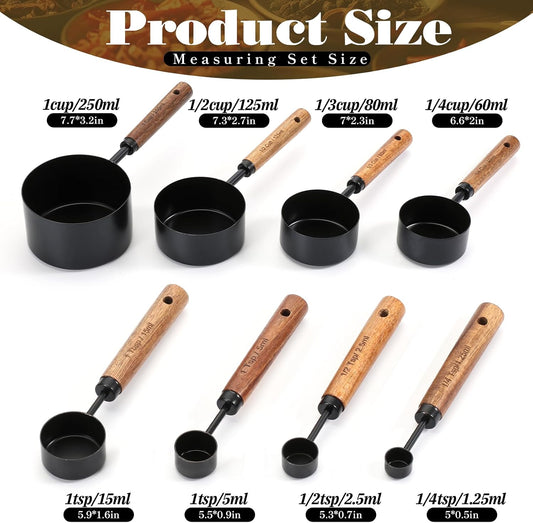 SHENLIU 8 Pcs Measuring Cups and Spoons Set, Black Stainless Steel Measuring Cups with Wooden Handle, Metal Measurings Spoons Set Nesting Kitchen Measure for Kitchen Baking