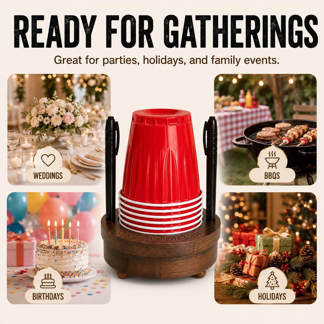 Party Cup Holder for 3-4" Cups - Hosting Essential to Prevent Mix-Ups & Reduce Waste - Sturdy Drink Organizer with Rubber Feet for Birthdays, BBQs, & Holiday Gatherings (Cups & Markers Not Included)