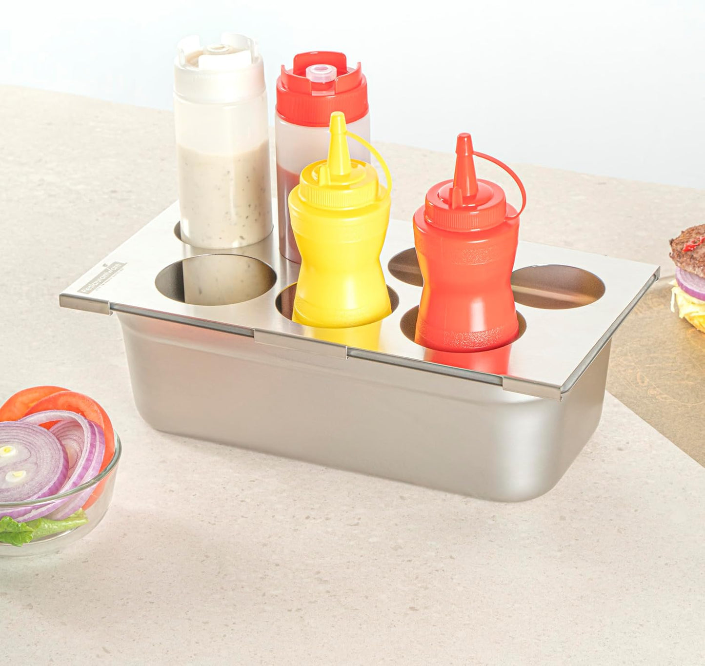 Restaurantware Stainless Steel Bottle Organizer - 1 Count - 6.299 x 7.087 x 0.394 Inches - Dishwasher-Friendly Condiment Holder - Kitchen Bottle Rack - Space-Saving Design - Silver