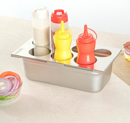 Restaurantware Stainless Steel Bottle Organizer - 1 Count - 6.299 x 7.087 x 0.394 Inches - Dishwasher-Friendly Condiment Holder - Kitchen Bottle Rack - Space-Saving Design - Silver