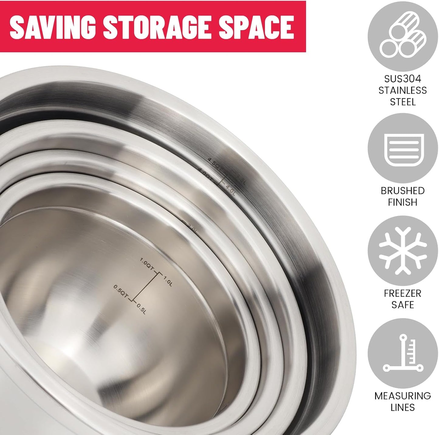 MARSKITOP Stainless Steel Mixing Bowls with Lids Set, Nesting Mixing Bowls with Airtight Lids, Measurement Marks and Red Non-Slip Bottoms, Great for Mixing and Serving, 3QT & 5QT
