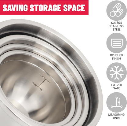 MARSKITOP Stainless Steel Mixing Bowls with Lids Set, Nesting Mixing Bowls with Airtight Lids, Measurement Marks and Red Non-Slip Bottoms, Great for Mixing and Serving, 3QT & 5QT