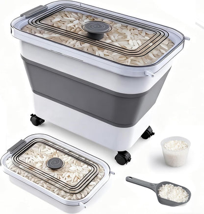 Komzon Rice Storage Container, Collapsible Airtight 10-40 Lb Rice Storage Container, 25lb Pet Dog Food Storage Container, Rice Dispenser Bin with Cup and Scoop for Flour Cereal Pasta Grain, Cat Bird