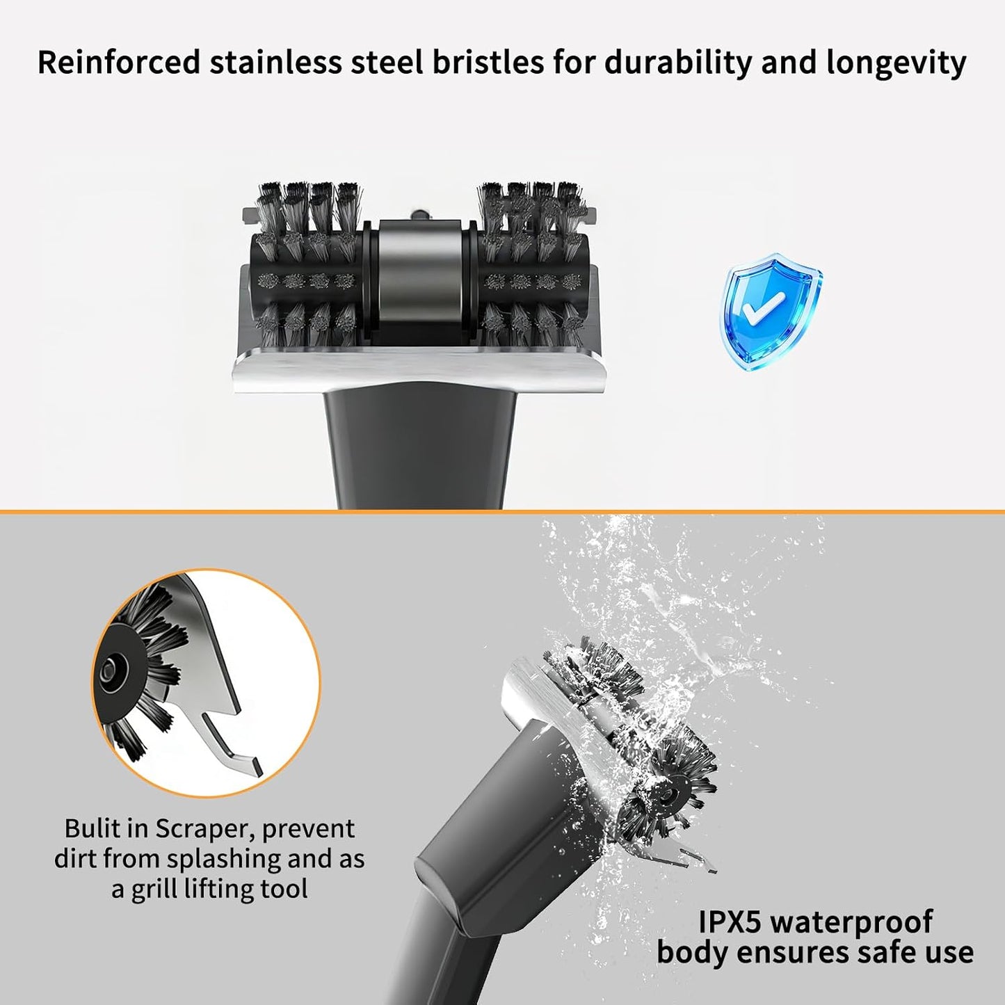 Cordless Electric Grill Brush for Outdoor - Waterproof BBQ Grill Cleaner with Lights Water Spray - Grill Cleaning Brush for Burnt-On Grease&BBQ Grates, 90 Mins Runtime, 2 Stainless Heads Refill