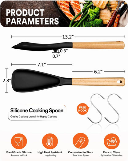 Cooking Spoon for Nonstick Cookwares, Great for Cooking and Serving Sturdy BPA-Free Matte Silicone, Wood Handle Spoon for Mixing, Scoop, and Scrape (Black & Grey, 11.4 inch)