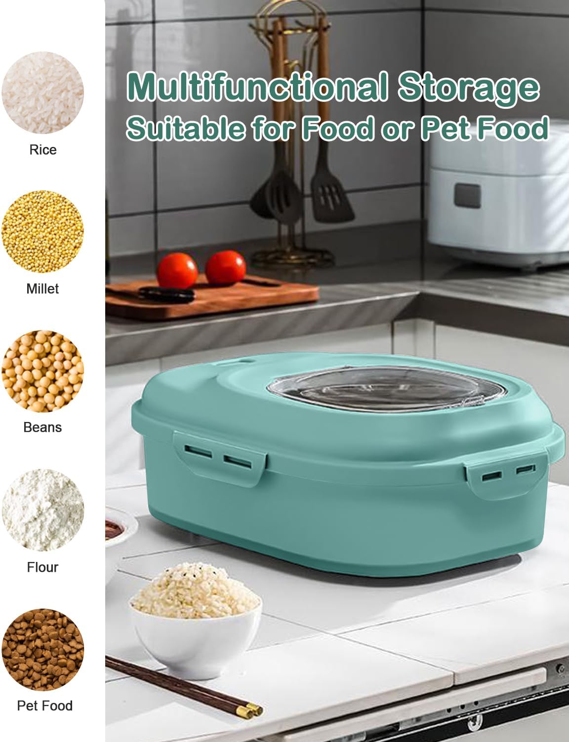 20-30 Lbs Rice Storage Container,Collapsible Food Storage Containers with Rolling Wheel Airtight Locking Lid,Flour Storage Container with Cup and Scoop,Suitable for Food,Rice,Pet Food,Flour
