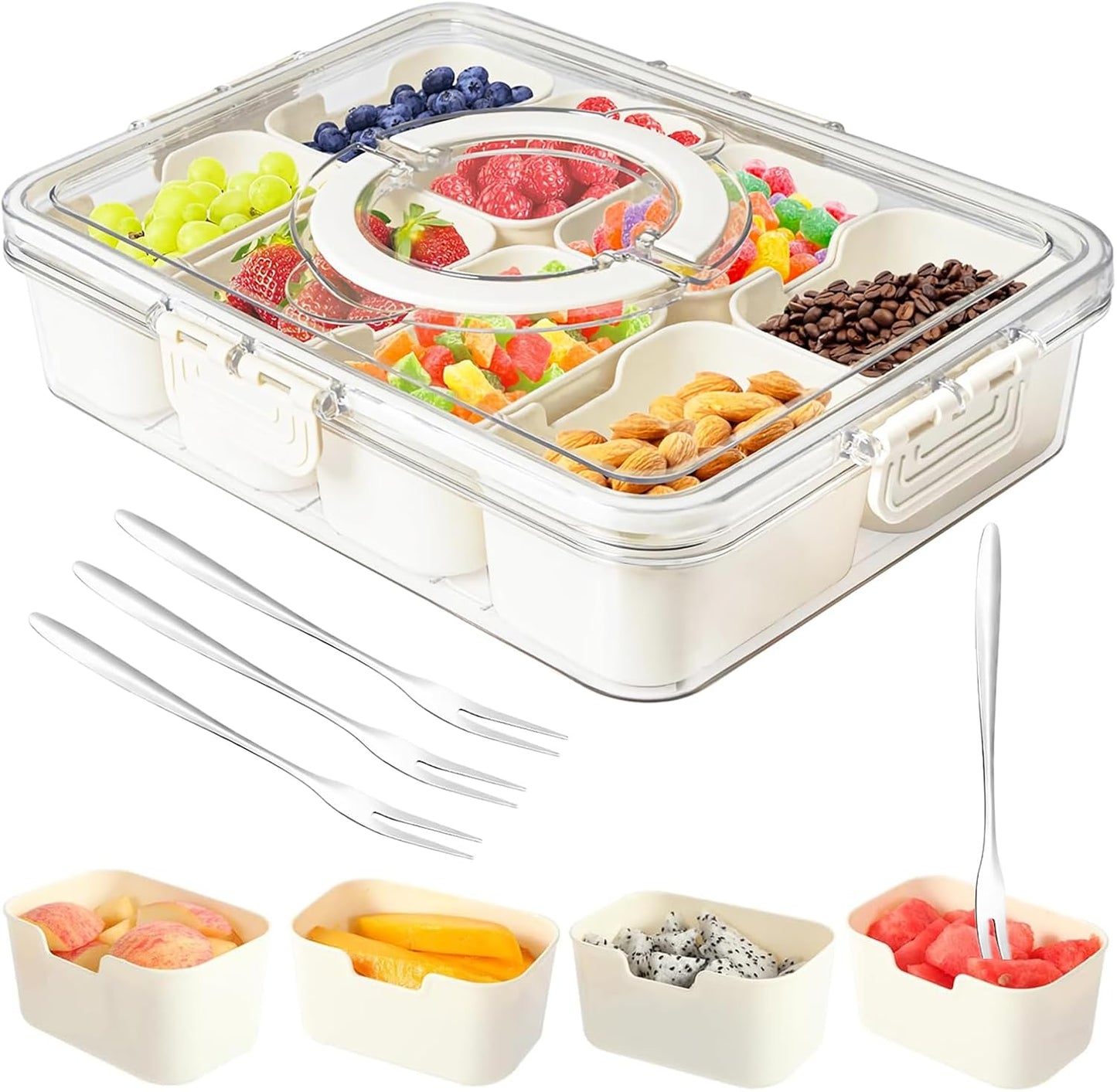 Dunruz Snackle Box Container,Portable Snack Box 8 Compartment Divided Serving Tray with Lid,Clear Storage Organizer for Fruit Candy Nuts Veggie-Perfect for Road Travel Party (1 Pack-8 Compartments)