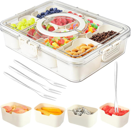 Dunruz Snackle Box Container,Portable Snack Box 8 Compartment Divided Serving Tray with Lid,Clear Storage Organizer for Fruit Candy Nuts Veggie-Perfect for Road Travel Party (1 Pack-8 Compartments)