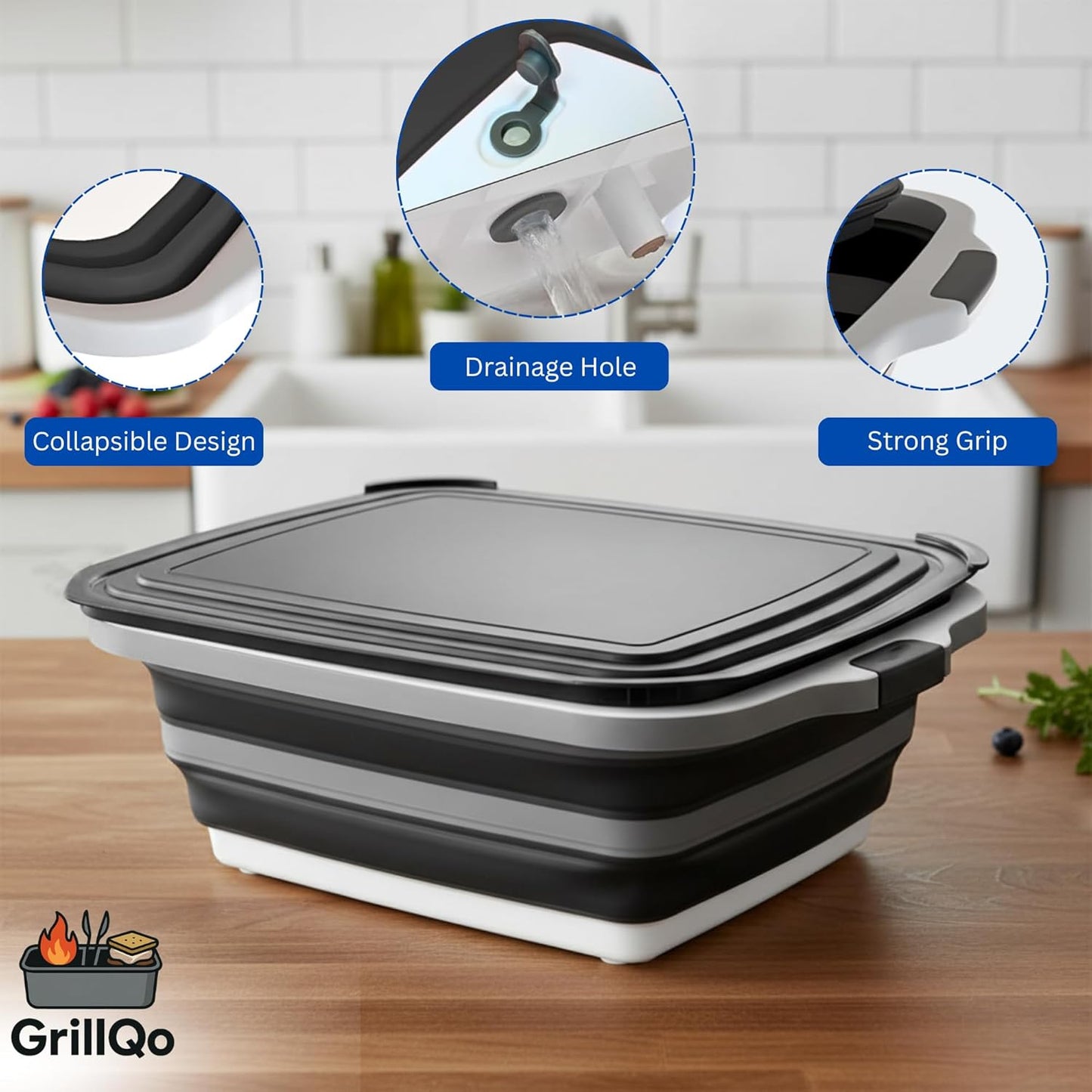 BBQ Prep Tub with 2 Pcs Meat Shredder Claws, 3-IN-1 Large 8L Collapsible Cutting Board with Lid for Meal Prep, Camping Sink for marinating food, Dish Basin, Grilling, Outdoor Cooking