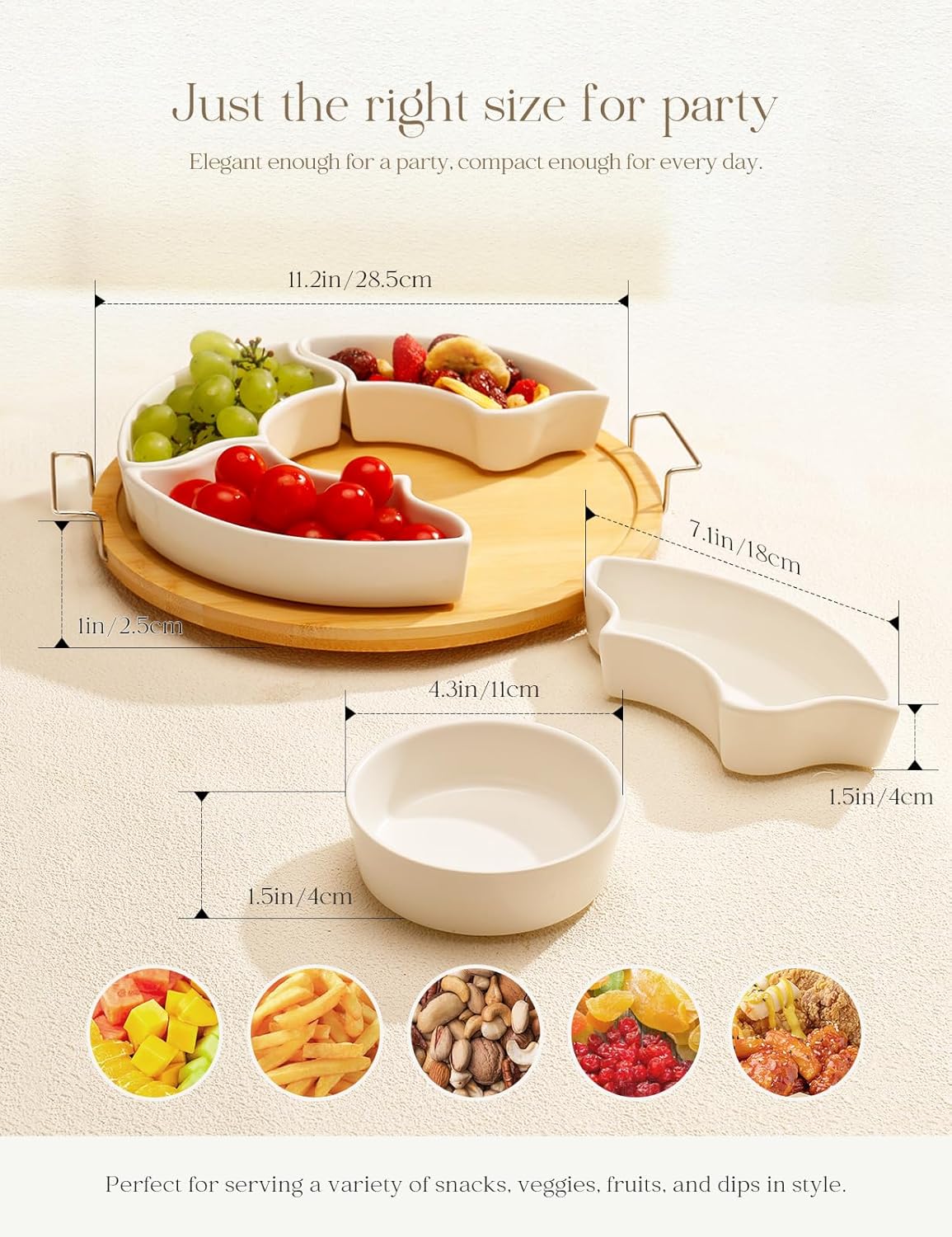 Ceramic Divided Serving Dishes with Bamboo Tray,360° Rotatable Serving Bowls with Handles for Party,5 Removable Relish Tray,11.2 Inch Appetizer Serving Dish for Chips & Dip, Veggies, Candy & Snacks