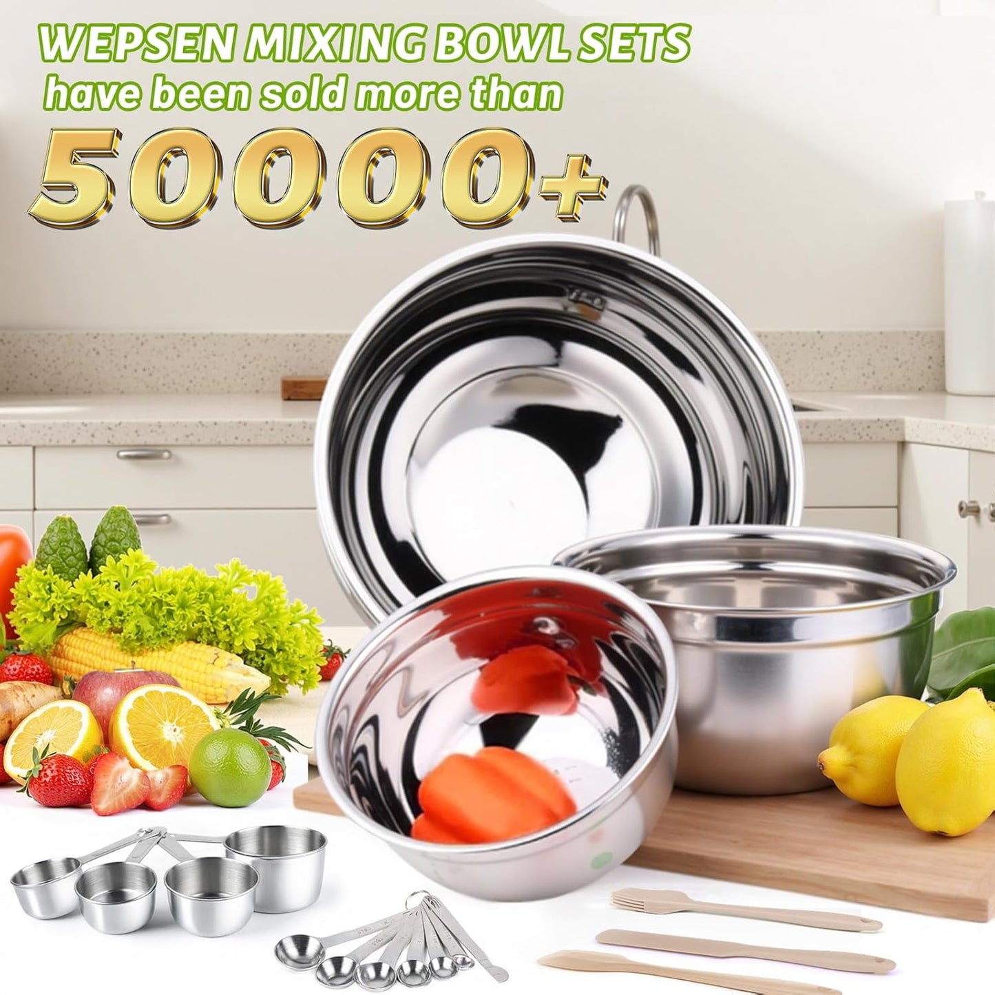 WEPSEN Mixing Bowls Set, 25PCS Stainless Steel Mixing Bowl with Lid Set, Large Nesting Bowls 7, 4.5, 3,2, 1.5QT, Measuring Cups and Spoons Baking Utensils Metal Bowl for Kitchen Prep