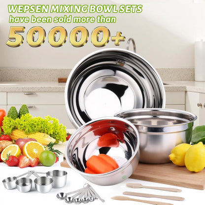 WEPSEN Mixing Bowls Set, 25PCS Stainless Steel Mixing Bowl with Lid Set, Large Nesting Bowls 7, 4.5, 3,2, 1.5QT, Measuring Cups and Spoons Baking Utensils Metal Bowl for Kitchen Prep