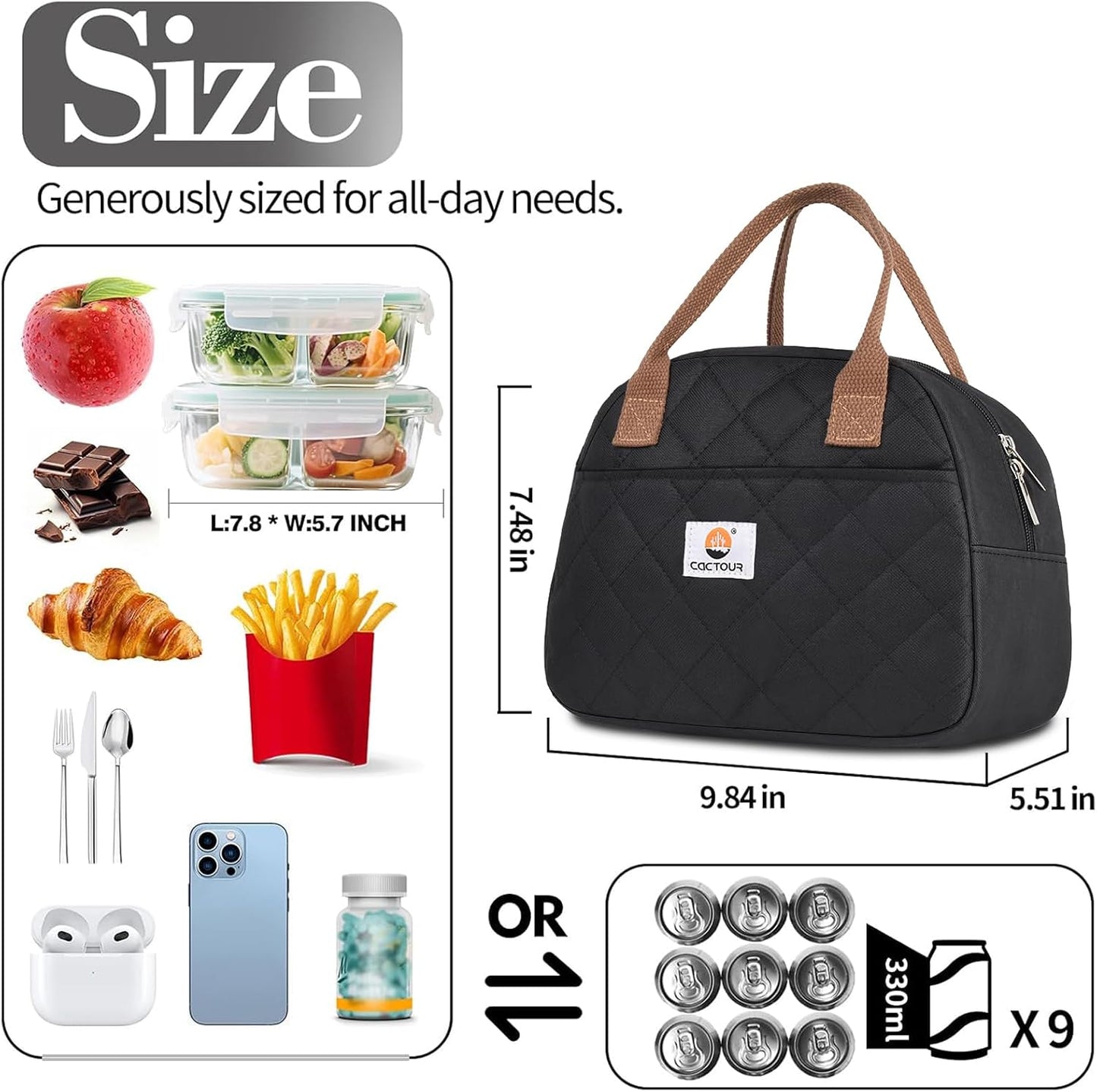 CaCTOUR Lunch Box for Women Girls Teens,Cute Lunch Box Cooler Bag, Portable Insulated Small Lunch Bag Women Reusable Corduroy Lunch Tote for Work/Travel/Picnic/School (Dog Green,Small)