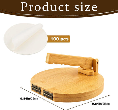 10 Inch Bamboo Round Tortilla Press Set, Mexican Tortilla Maker with 100 Parchment Papers and Rolling pin, Homemade Corn&Flour Flatbread Press for Mexican Tacos, Roti, Patacones