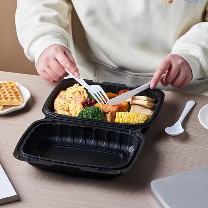 8X8 3-Compartment 50-Pack Plastic Clamshell Takeout Food Trays Heavy Duty Togo Disposable Box Carryout Meal Prep Packaging Catering Hinged Containers With Secure Snap Lid (Formerly FULING)