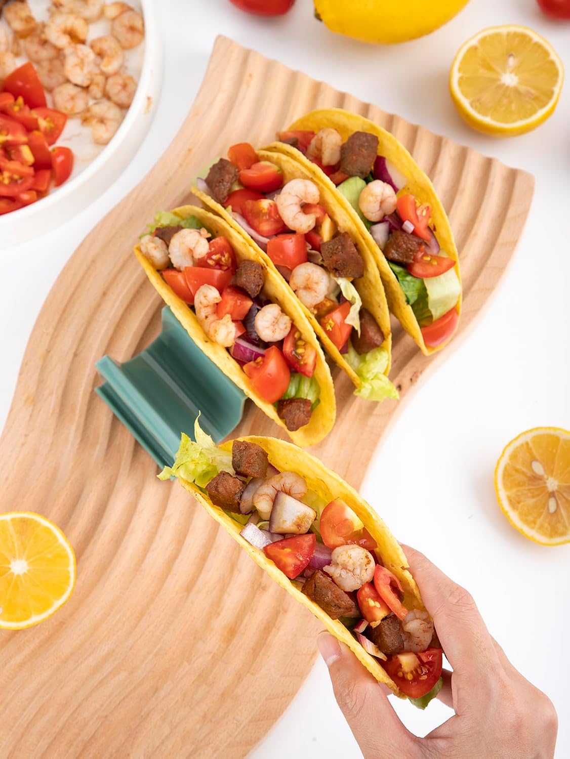 Dark Green Taco Holder Stand - 2 Pack, Wave Shape Taco Tray for Party, Holds 4 Tacos Each, Dishwasher Safe & Stackable
