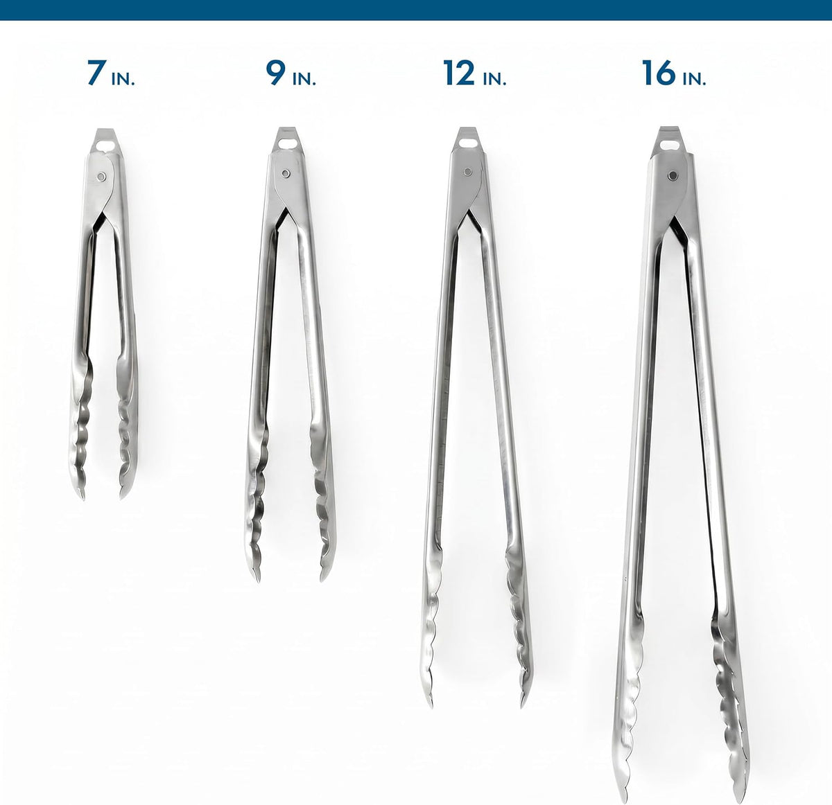 EDLUND Tongs (7", 9", 12", 16") for Cooking – Stainless Steel Kitchen Tongs, 7", 9", 12" and 16" Scalloped Serving Tongs with Locks, Heavy Duty, Commercial Grade, Made in USA
