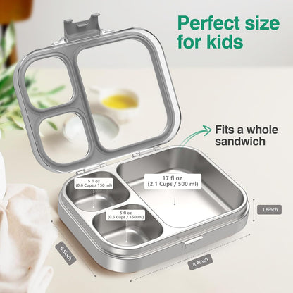 HOMEKOL Stainless Steel Bento Lunch Box, 3-Compartment Leak-Proof Lunch Container for Kids & Adults, BPA/BPS-Free 304 Metal Food Box, Dishwasher Safe, Clear Tritan Lid, Green (Not Insulated)