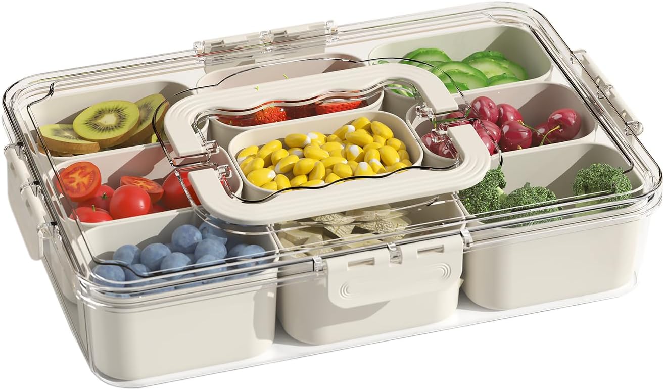 Snackle Box Container, Portable 9 Compartments Divided Serving Tray with Lid and Handle, Clear Snack Box, Stackable Snack Platters Organizer for Fruits, Candies, Vegetables, Nuts-1 Pack