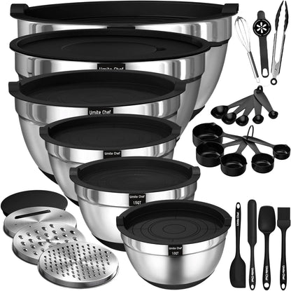 Umite Chef Thickened Heavy-Duty 26pcs Stainless Steel Bowl, Mixing Bowl Set with Lid, Grater Attachment, Colorful Non-Slip Bottom and Kitchen Gadget Set, Sizes 7, 4, 2.5, 2.0, 1.5, 1QT