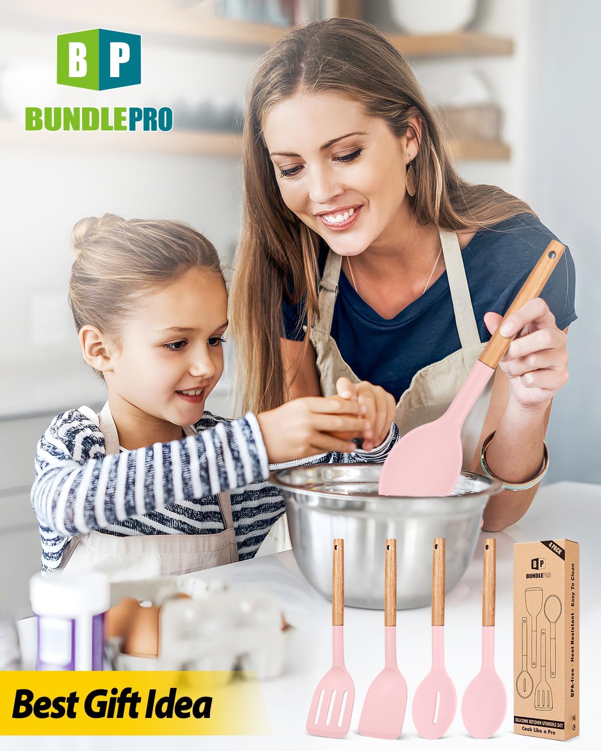Pack of 4 Silicone Cooking Utensils Set, Non Stick Solid Spatulas and Heat Resistant Slotted Spoons with Wooden Handle, Ideal Wood Kitchen Utensils Set for Frying,Serving,Turning,Stirring (KHAKI)