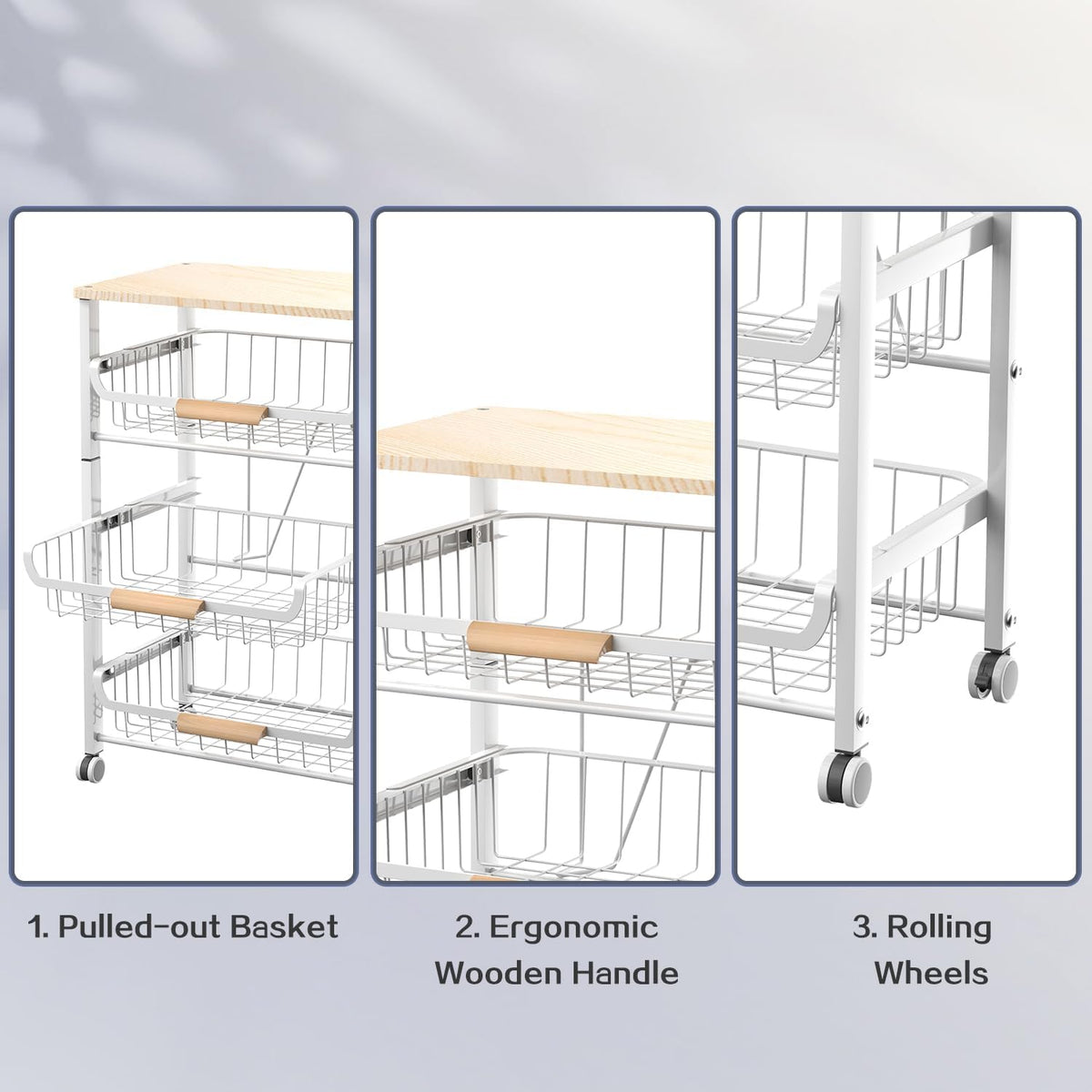 JAQ Slide Out Fruit Vegetable Basket for Kitchen, 4-Tier Rolling Storage Cart with Wooden Handle & Top, Metal Wire Produce Rack for Pantry Organization, Onion Potato Storage Bins for Small Space,White