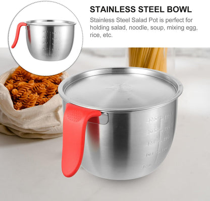 Stainless Steel Mixing Bowl 19cm Diameter Deep Egg Beating Bowl with Handle and Lid 304 Food-grade Metal Salad and Batter Mixing Container for Kitchen Baking