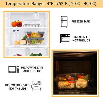 Bayco 8 Pack Glass Meal Prep Containers 3 Compartment, Glass Food Storage Containers with Lids, Airtight Lunch Bento Boxes, Leak Proof (8 lids & 8 Container) - Grey